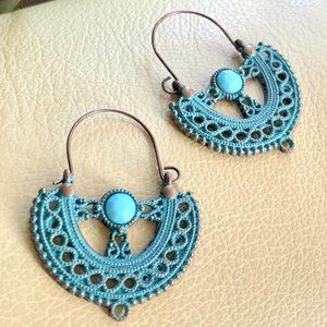 2 3/4" Ornate Ethnic Copper 'Patina" Verdigris Turquoise Bead Hoop Earrings New
